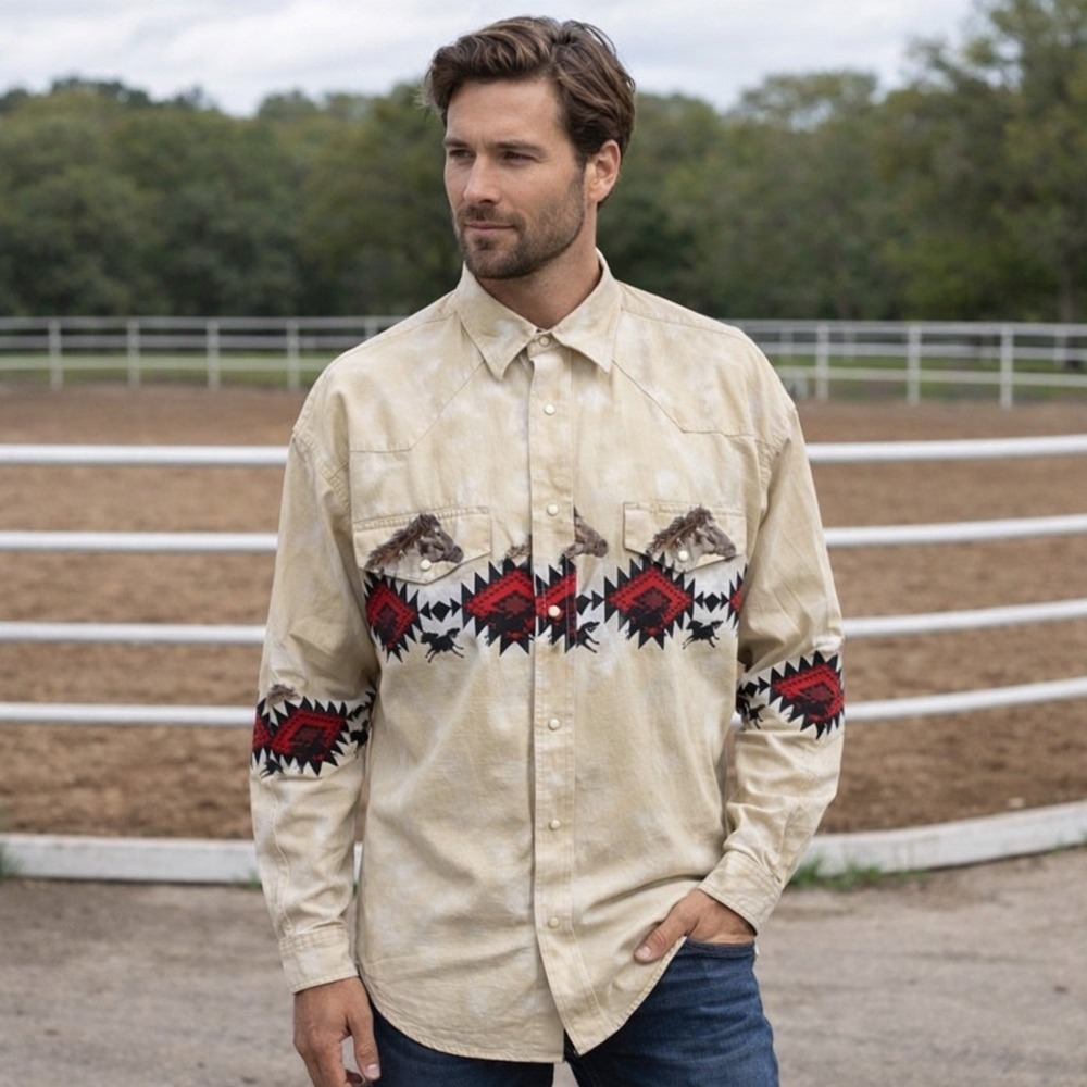 Wrangler Men's Collared Long Sleeve Western Cowboy Horse Pearl Snap Shirt Size L - Picture 10 of 10